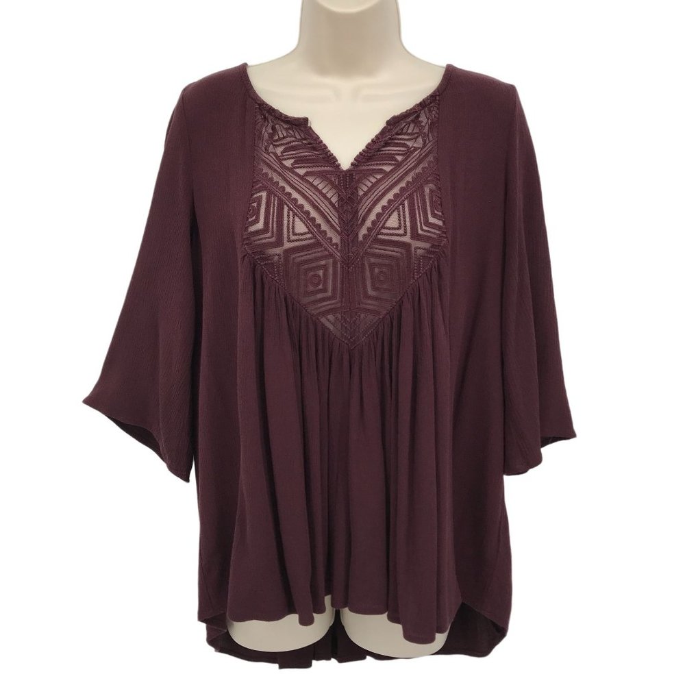 Mossimo Womens Lace Detailed Pleated  3/4 Sleeve Blouse Size M